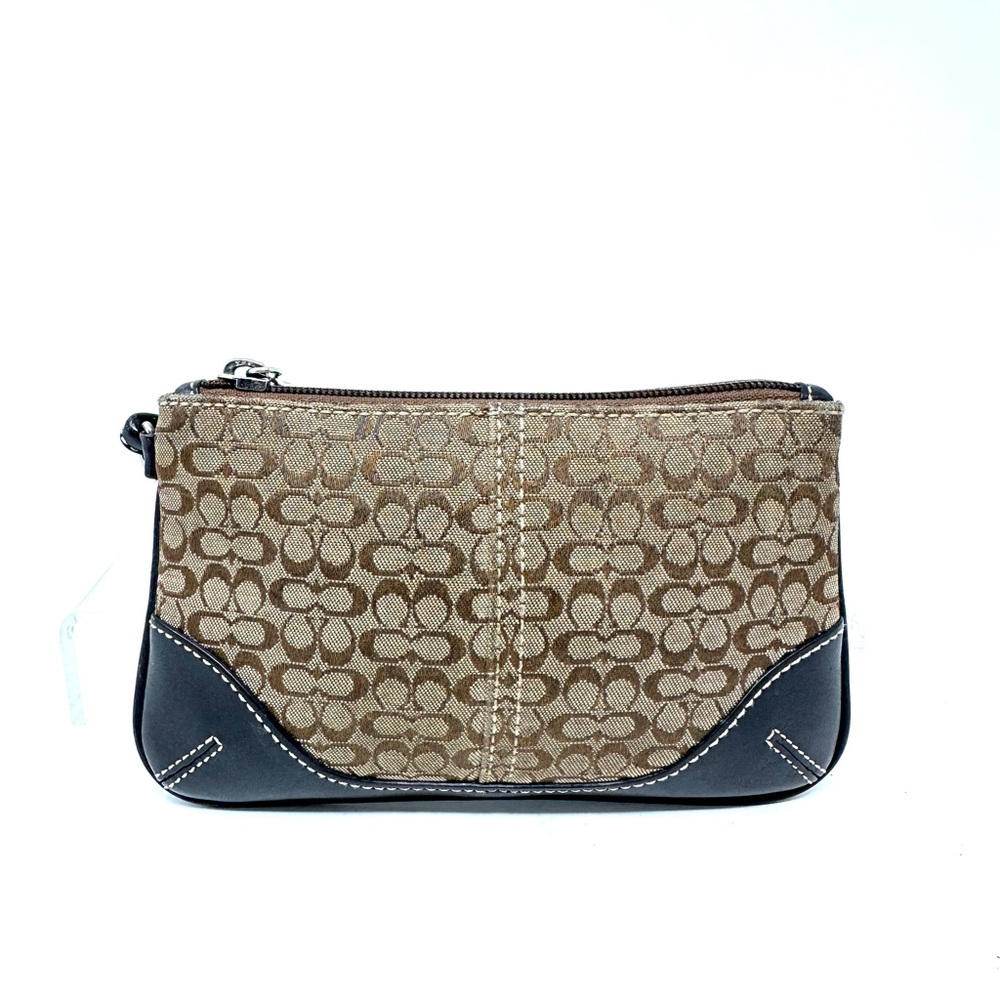 Coach Signature Brown Jacquard Canvas and Leather Monogram Zipped Wristlet